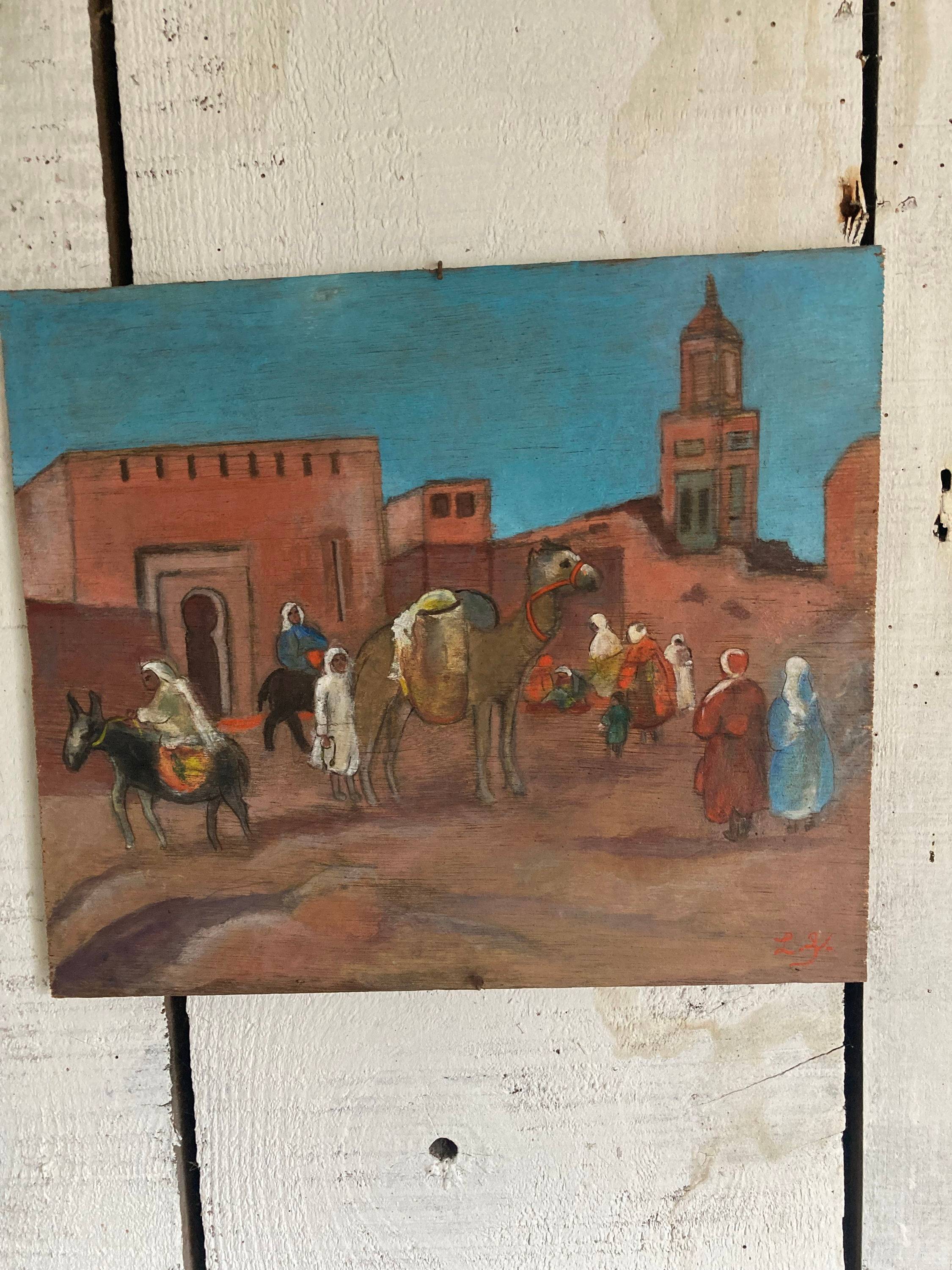 Peinture orientaliste sur panneau de bois