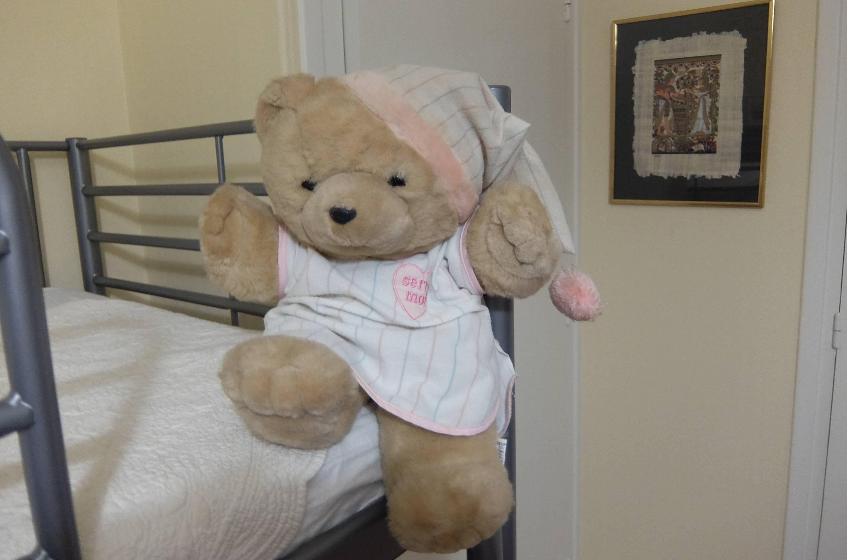 Tres bel ours en peluche année 1980, coeur qui bat