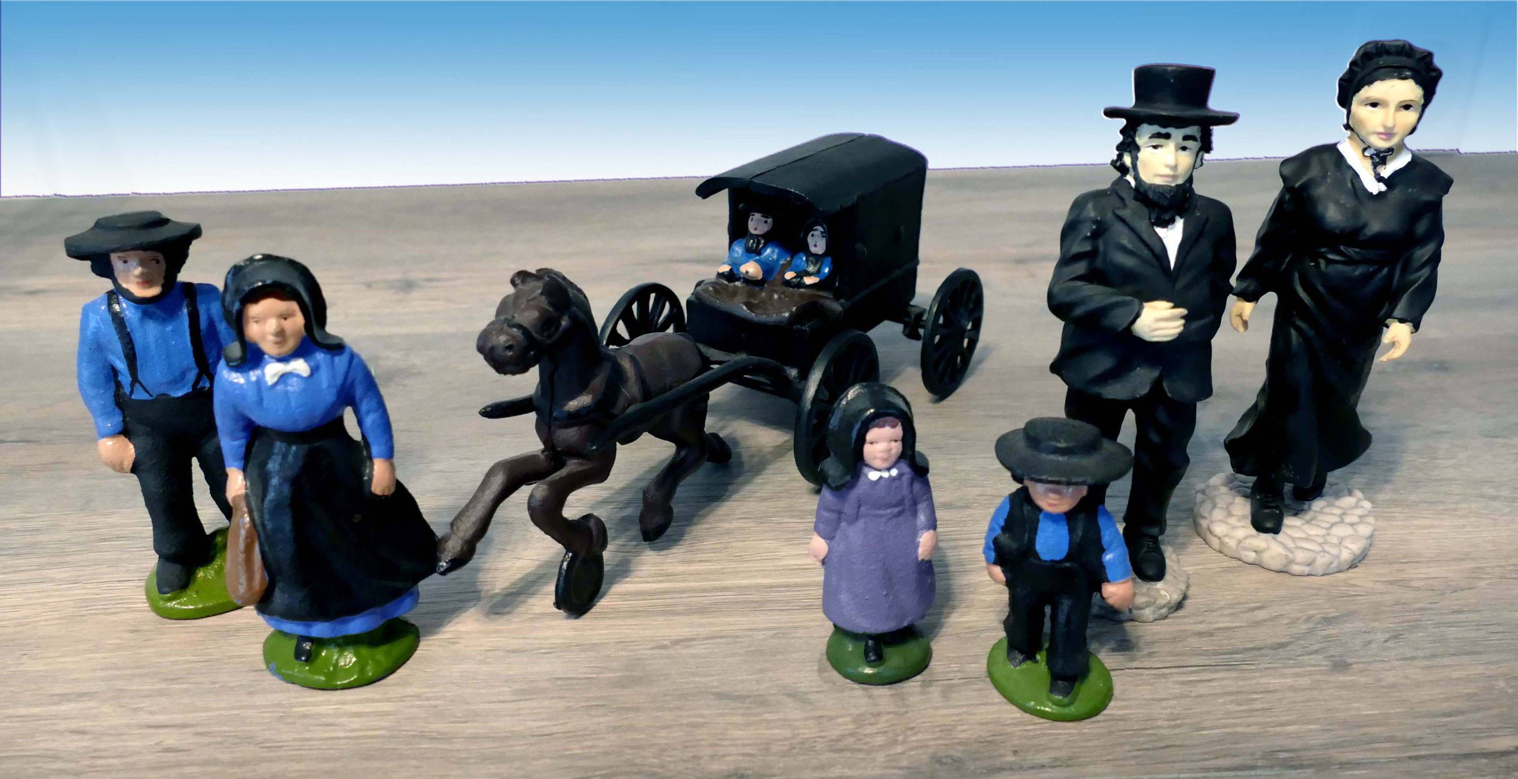 Vends famille Amish - 6 personnages plus carriole (tiré du film "Witness") + tee-shirt taille L