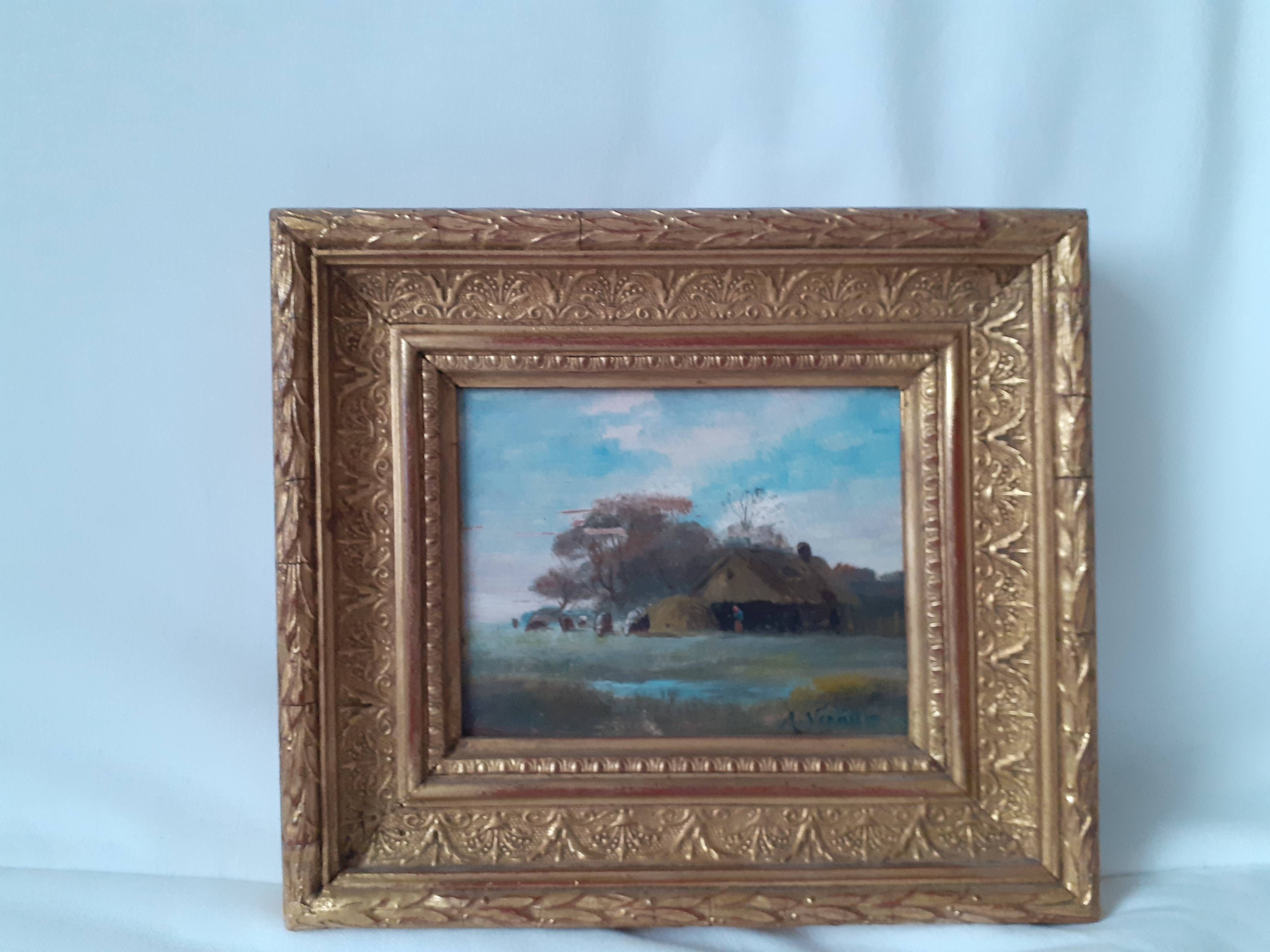 Petit tableau XIXème - chaumière et vaches