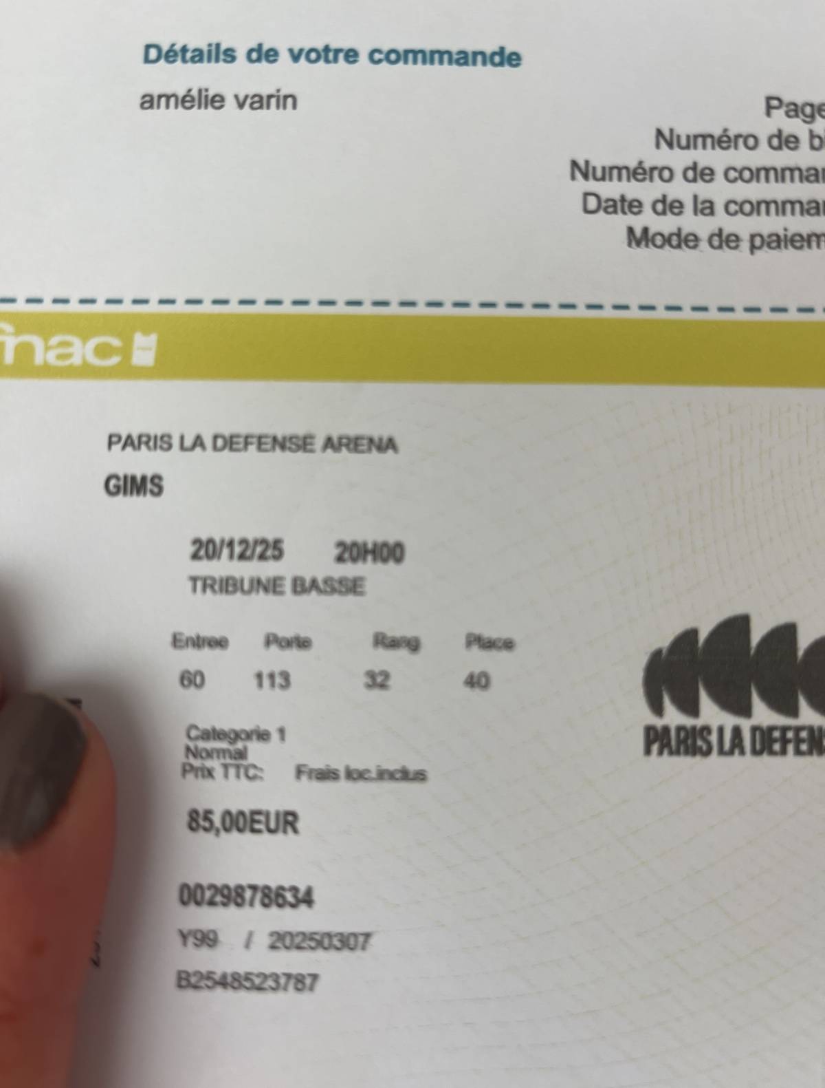 Vends 2 places de concert Gims Paris