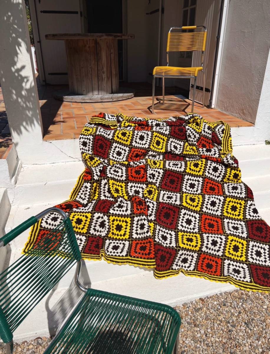 Plaid crochet en laine vintage 1970 jaune marron orange