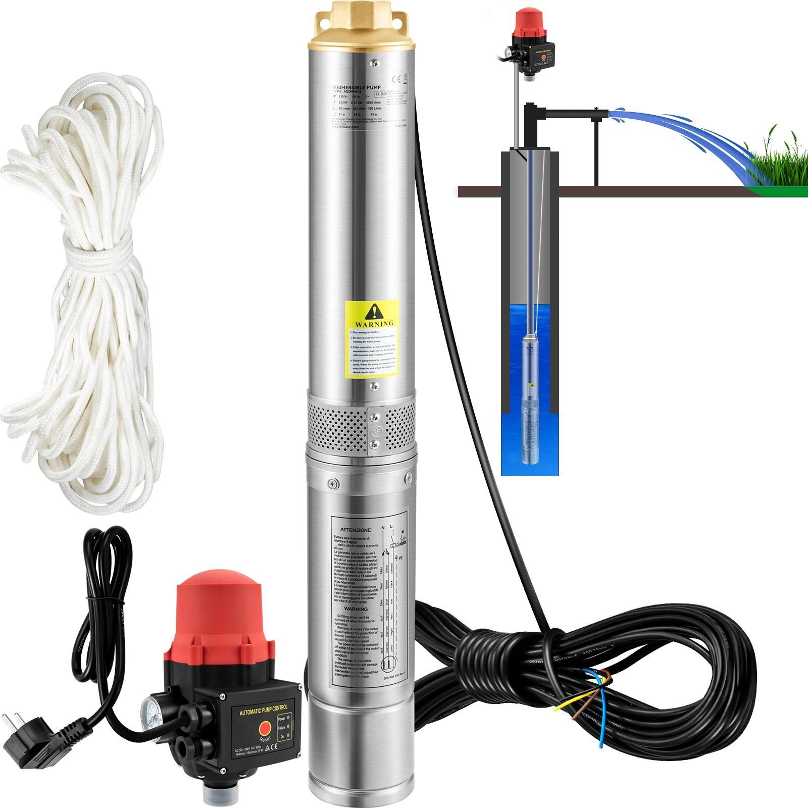 89m 550w Pompe à eau Immergée pour Puits + Pressostat automatique