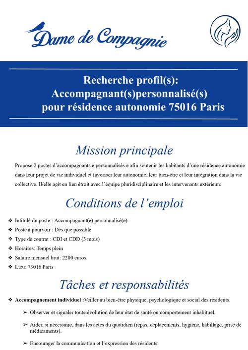 Recrute accompagnants H/F pour résidence autonomie 16ème Paris