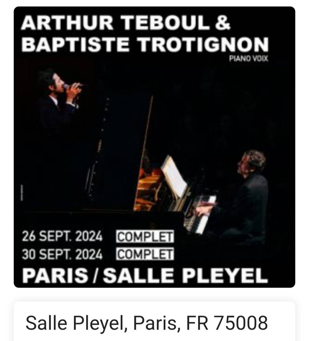 Recherche 2 places pour le concert Teboul Trotignon à Paris en