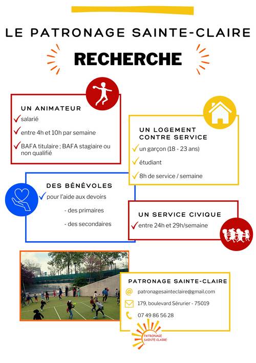 Recherche d’un service civique pour le patronage Sainte-Claire Paris 19ème