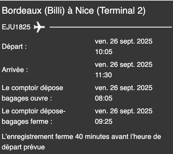 Propose billet d’avion Bordeaux → Nice A/R le 26 septembre