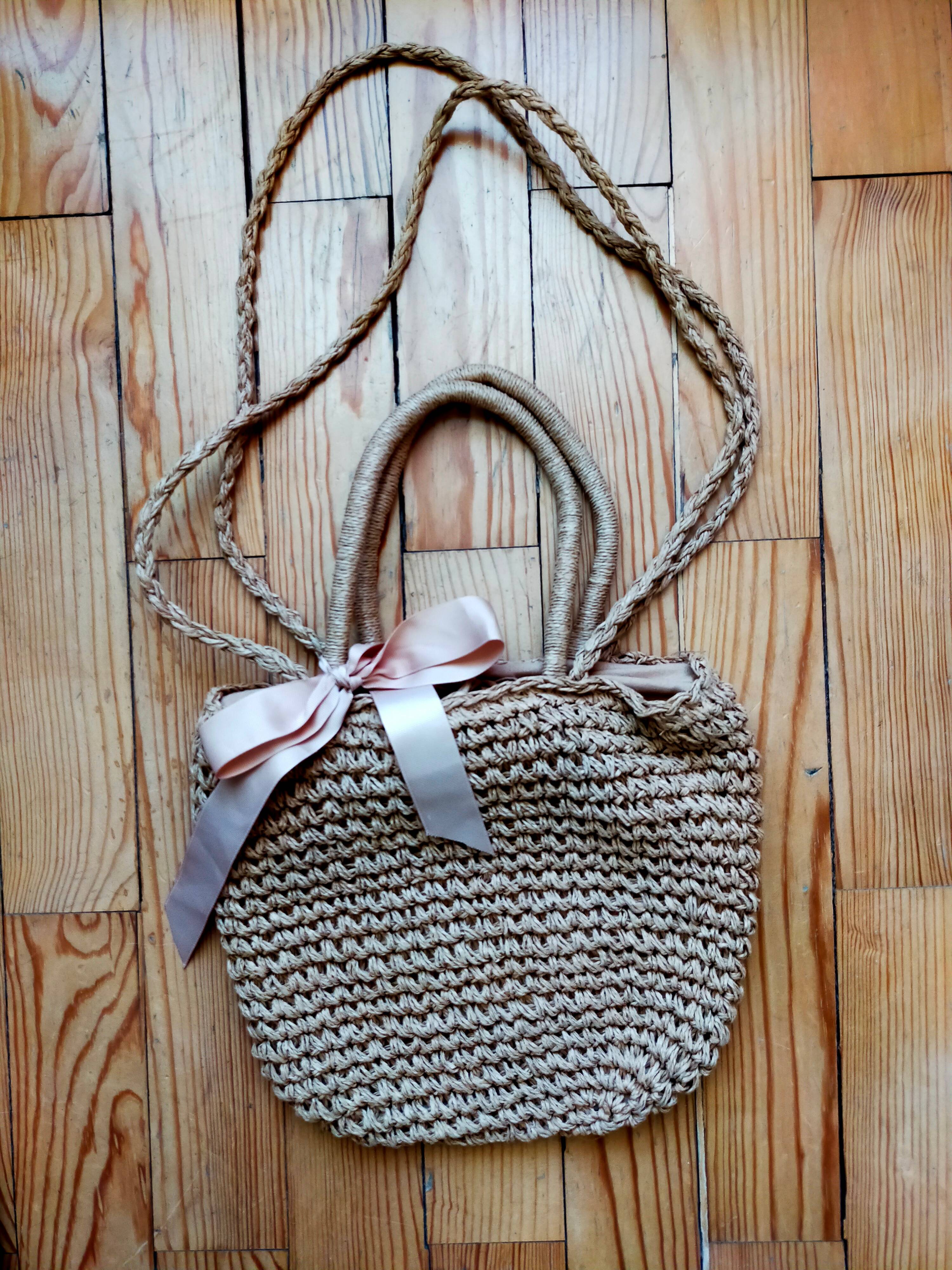 Joli sac à main en rotin & tissu avec nœud & double anse Neuf