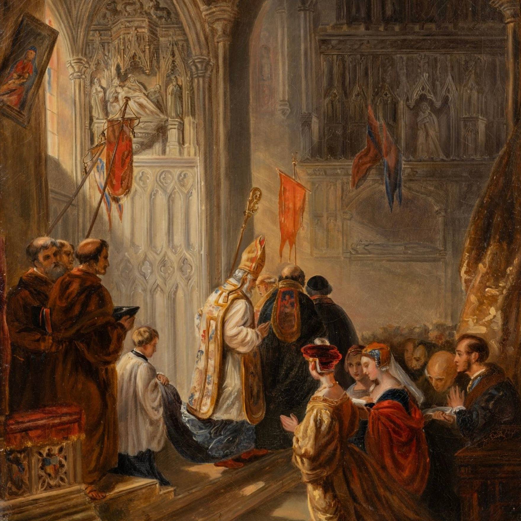 Scène de messe, grande huile sur toile milieu XIXe intérieur d’église 19e siècle
