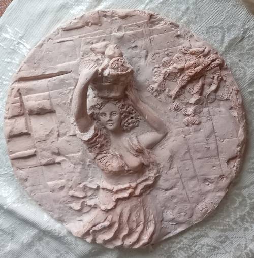Vends sculpture, bas relief, médaillon, panneau décoratif en terre cuite patinée