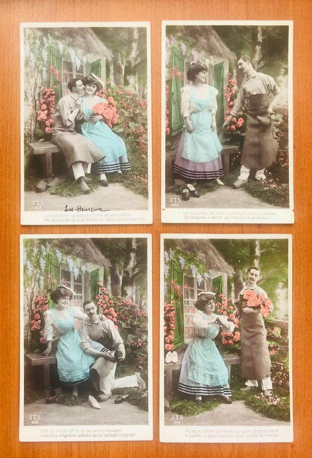 4 cartes postales fantaisie anciennes - couples romantiques
