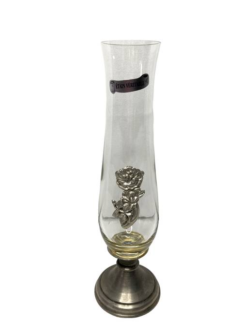 Vase soliflore verre décor en étain XXème