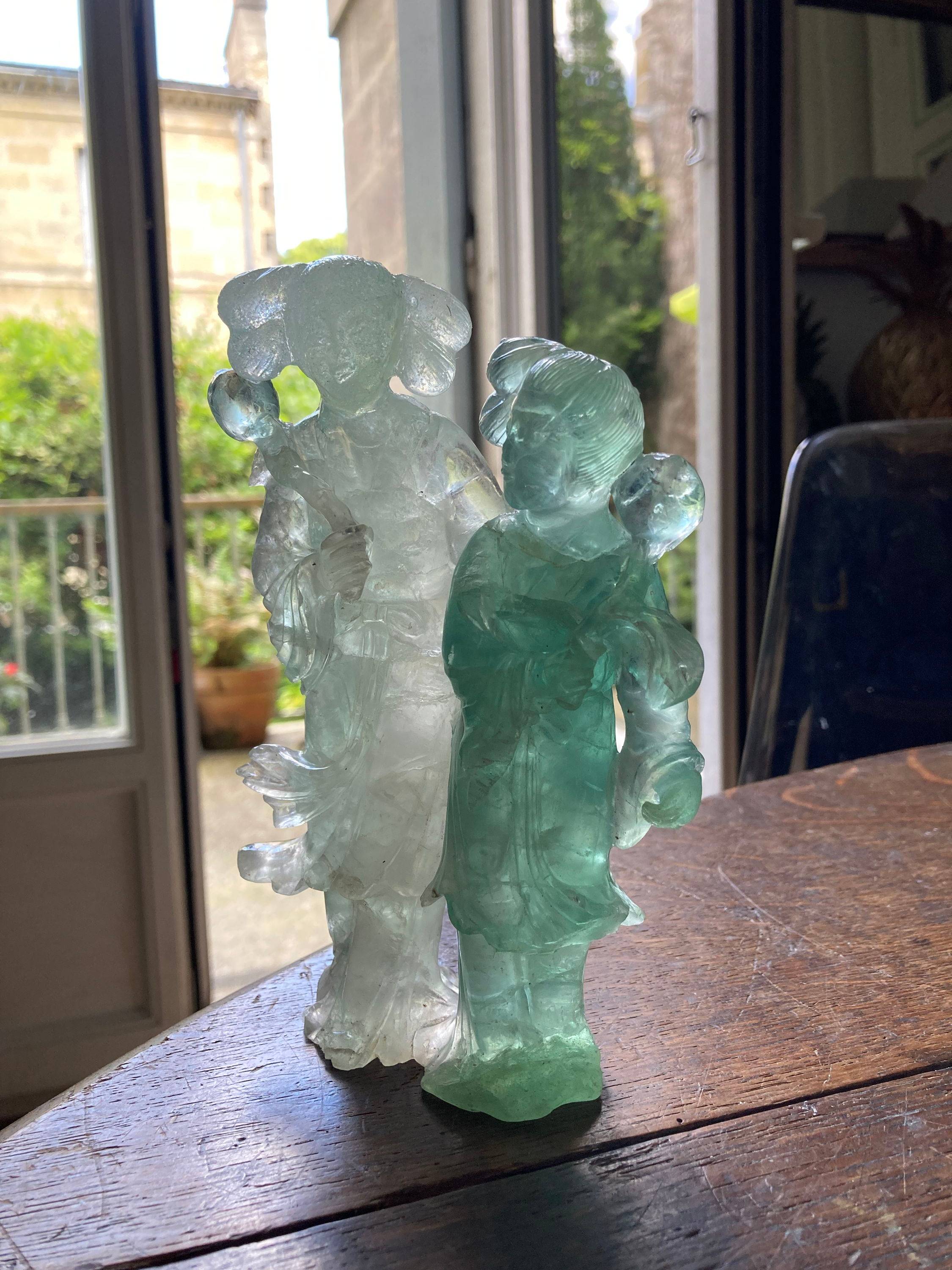 Statuette de deux Guanyins en fluorine, Chine XIXème