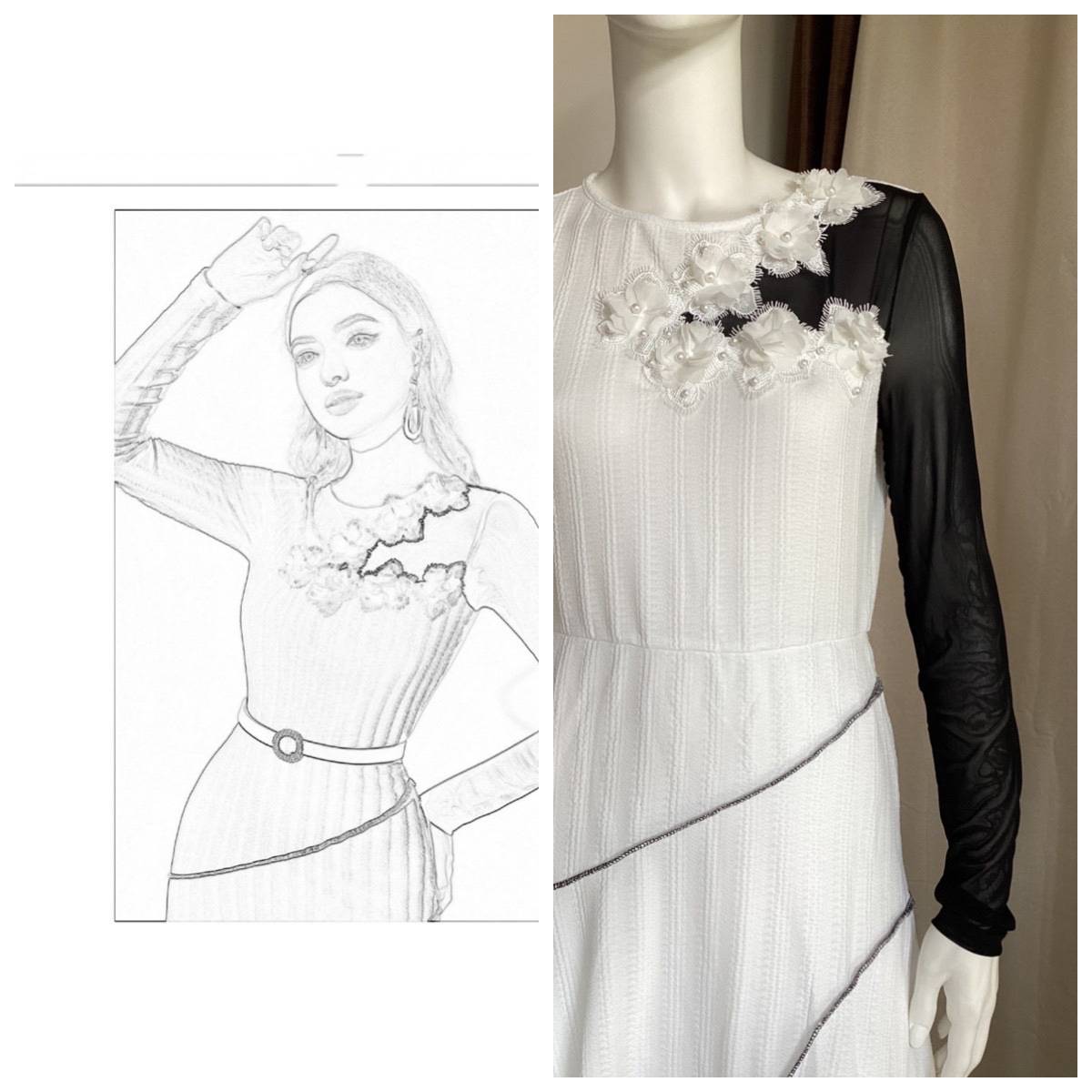 Superbe Robe colorblock et asymétrique, longueur chevilles, décolleté arrondi bordé de dentelle L