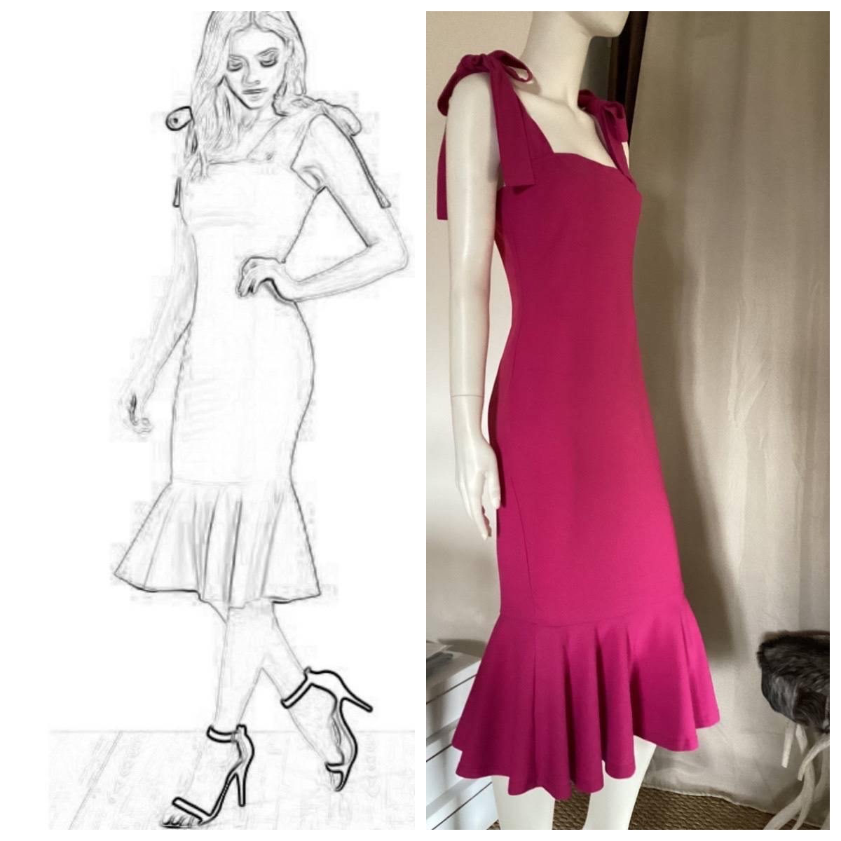 Superbe Robe sirène rose pivoine, slim fit jusqu’aux genoux, bas à larges godets M