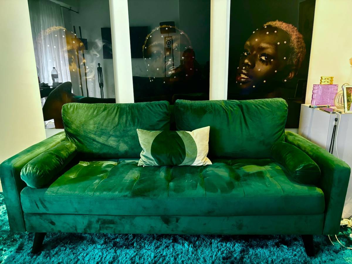 2 superbes canapés en velours vert sapin + grand tapis à poile vert canard