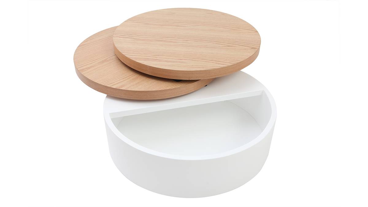 Table basse ronde avec plateaux pivotants et rangement blanc et bois