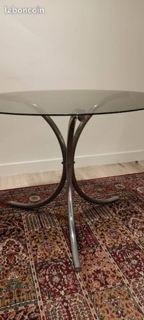 Table haute vintage plateau verre et pied à 3 branches en métal, bon état