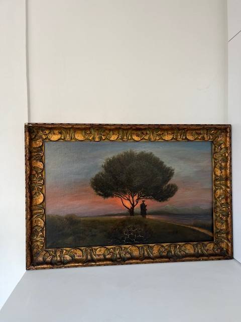 Tableau ancien : coucher de soleil sur l’etang