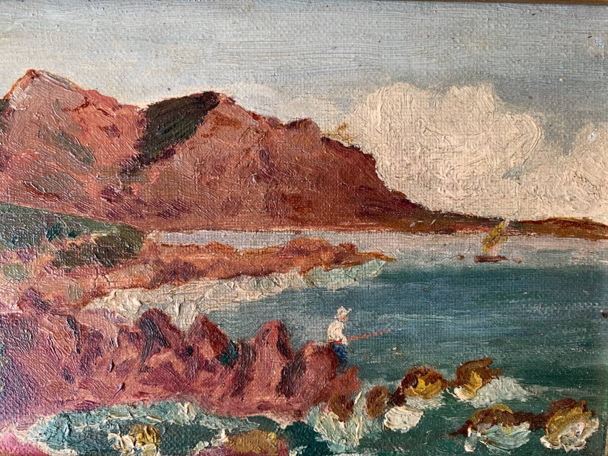 Tableau ancien huile sur toile – Paysage marin impressionniste – encadré