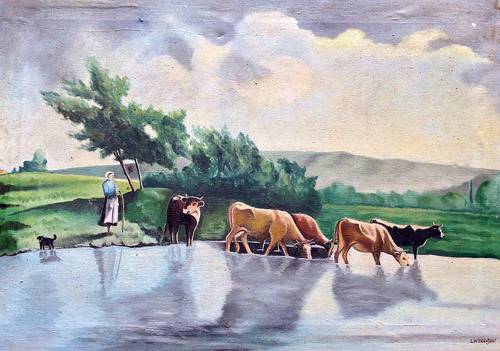 Tableau du Béarn : les vaches allant boire