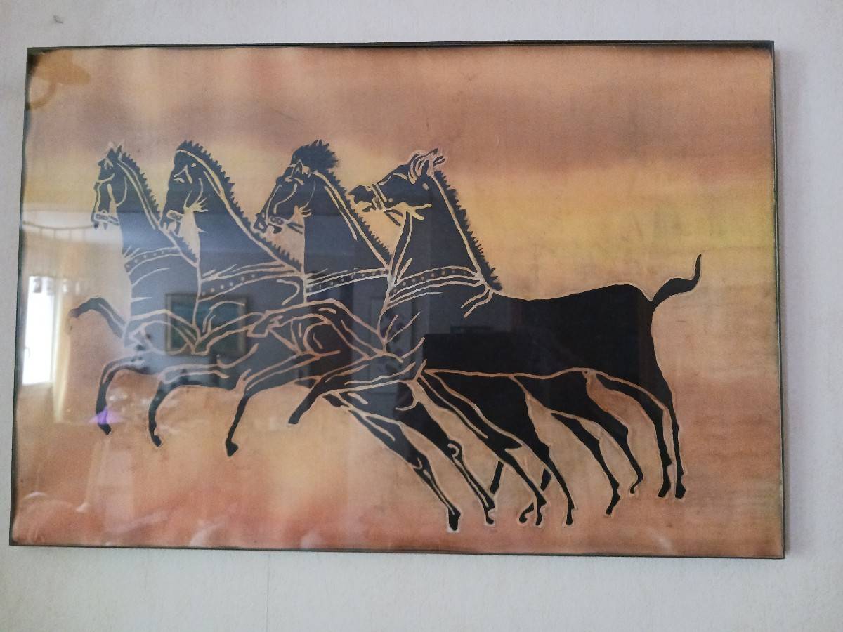 Vends tableau "4 chevaux" en peinture sur soie