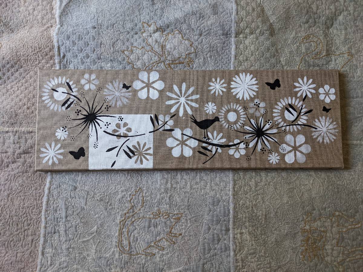 Tableau décoratif 20×60 beige blanc noir fleurs oiseaux papillons