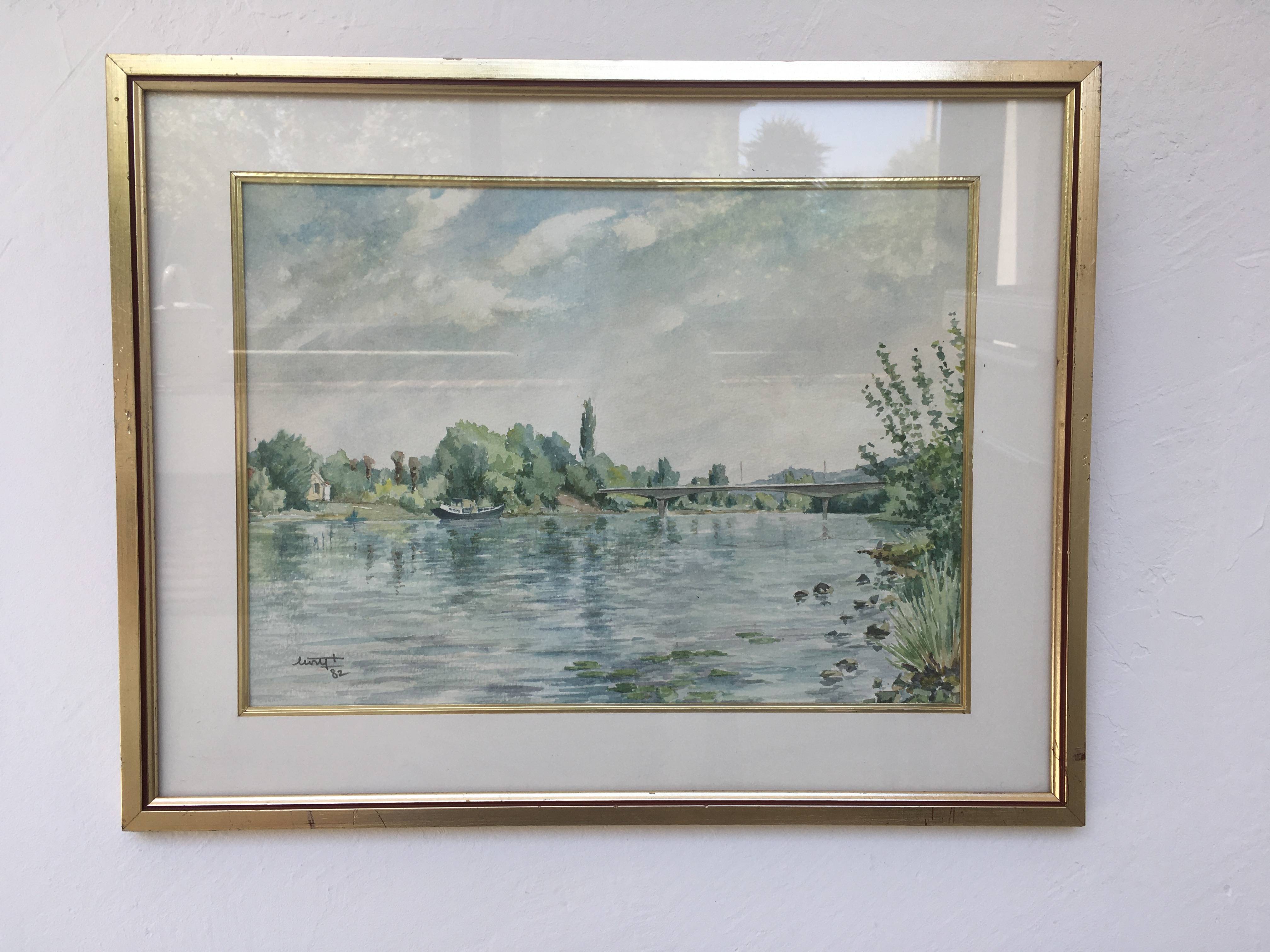 Tableau encadré doré toile peinte et signée bord de rivière