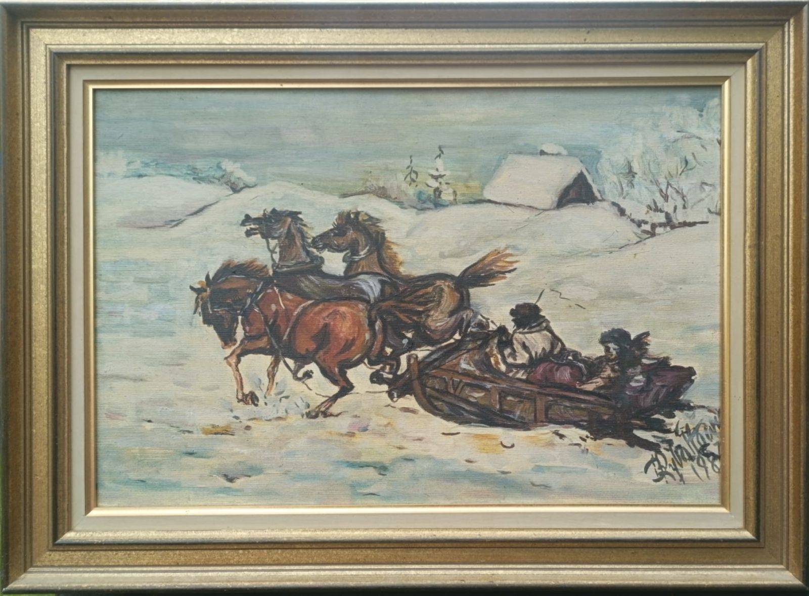 Tableau huile sur toile peintre russe (XXè siècle) - Troïka tirée par des chevaux dans la neige