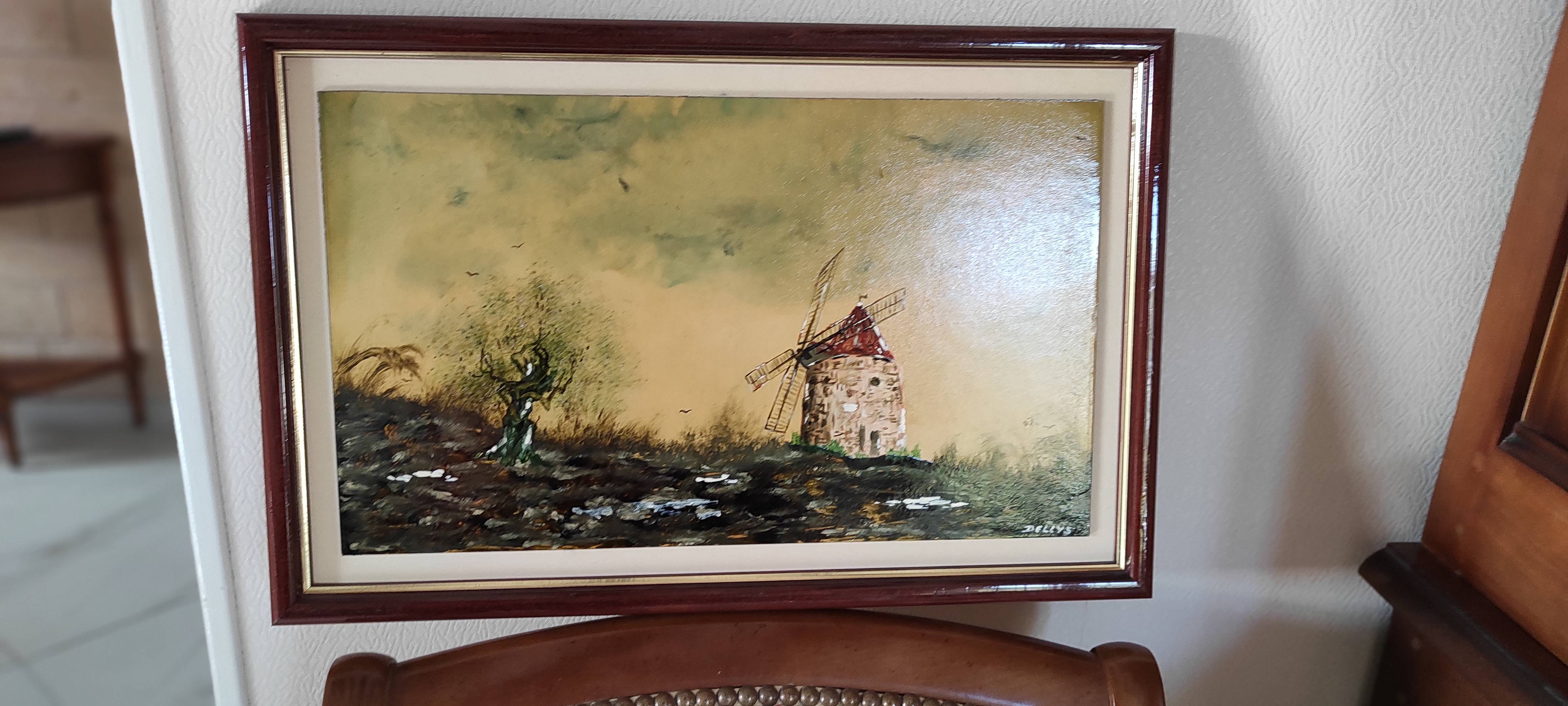 Joli tableau paysage moulin signé DELLYS