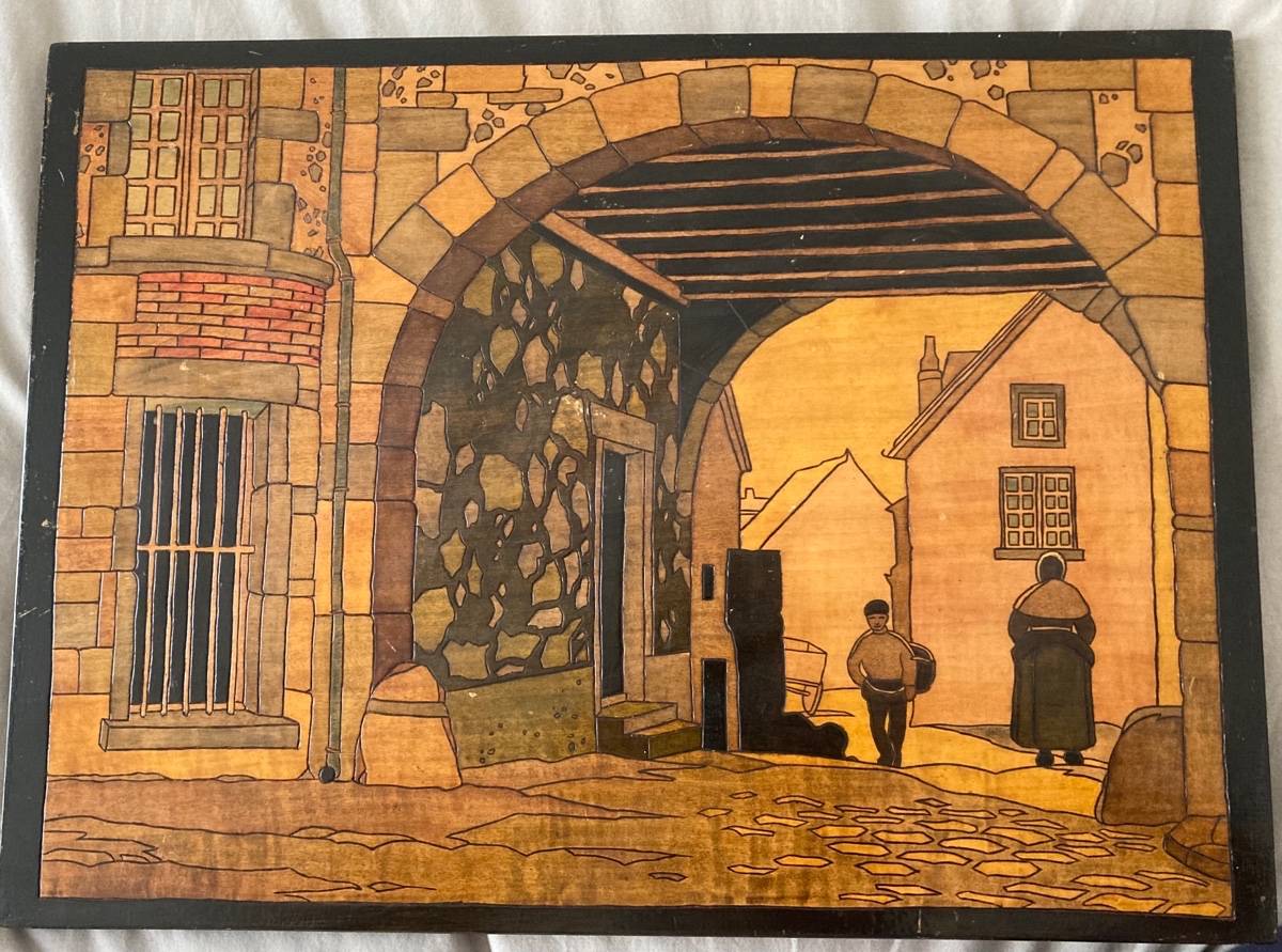 Art Deco : Tableau pyrogravure comme une estampe japonaise