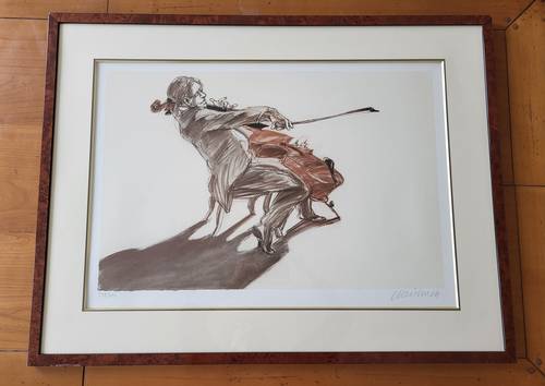 1 tableau représentant 1 musicien à la contre basse, signé