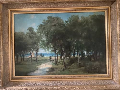 Vends tableau XIXème Théodore Levigne paysage pêcheur en bord de lac ou mer