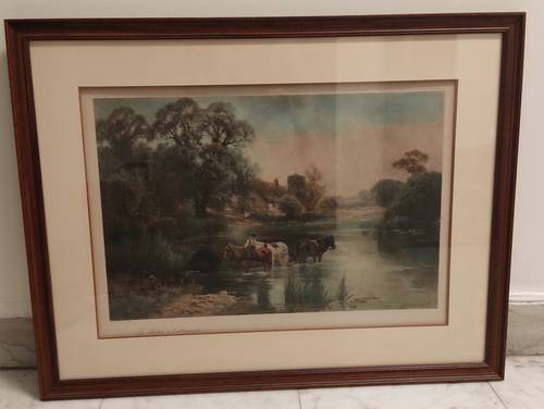 Tableau sous verre paysage buccolique avec cadre en bois