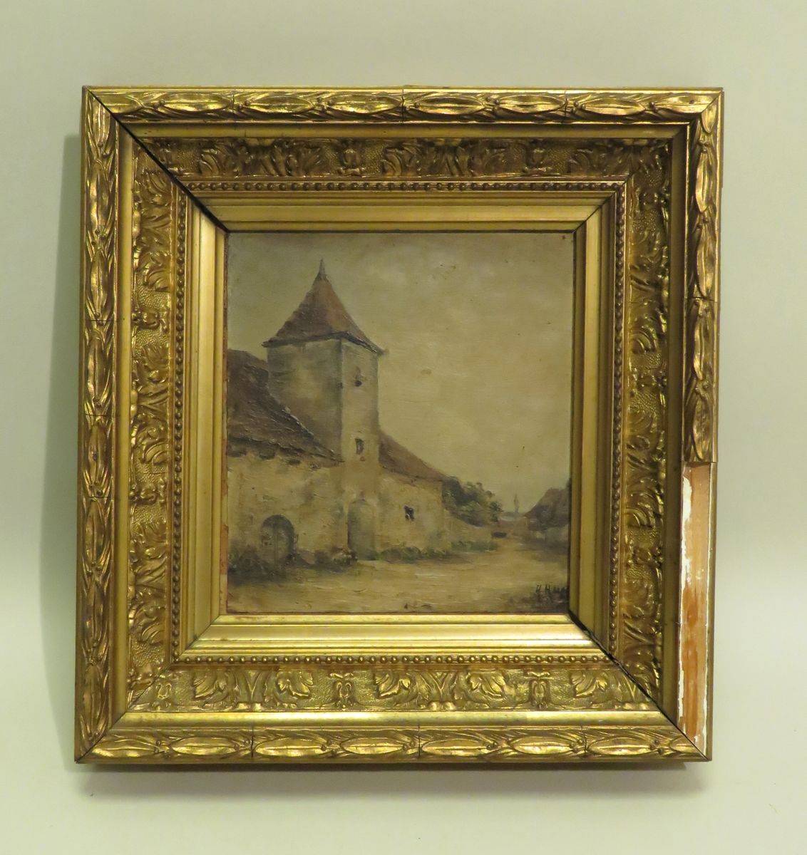 Tableau "vieille ferme avec tour-pigeonnier" - peinture à l’huile (XIXe-XXe siècle)