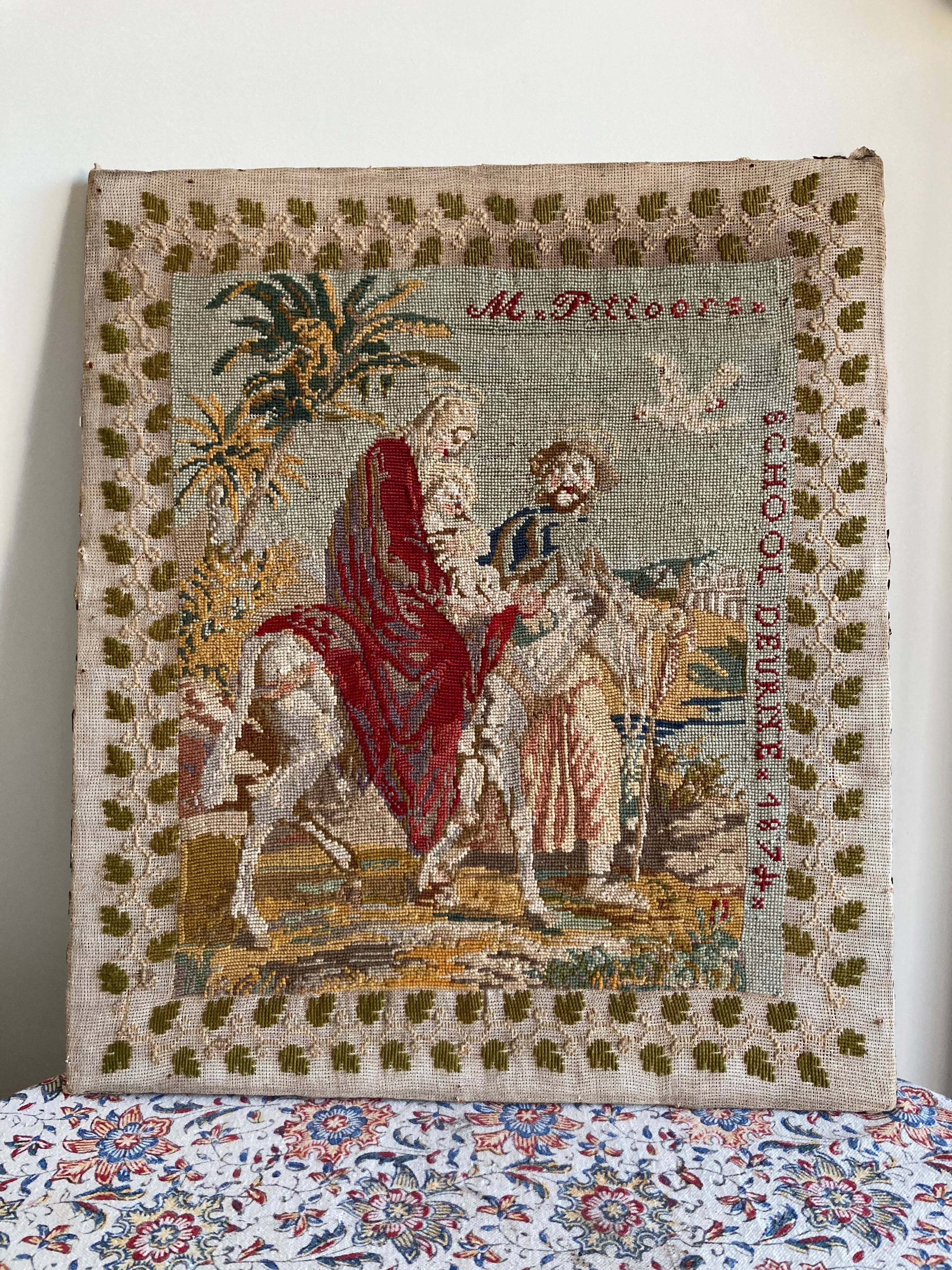 Vends broderie au petit point sur canevas ancienne (Flandres) - La Fuite en Égypte, Vierge Marie