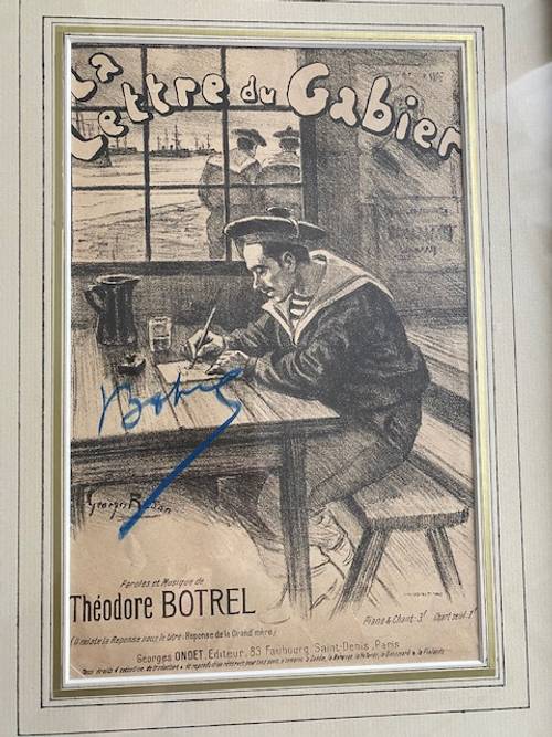 Beau et rare document signé au pastel du célèbre Théodore Botrel, auteur de "La Pimpolaise". Encadrée