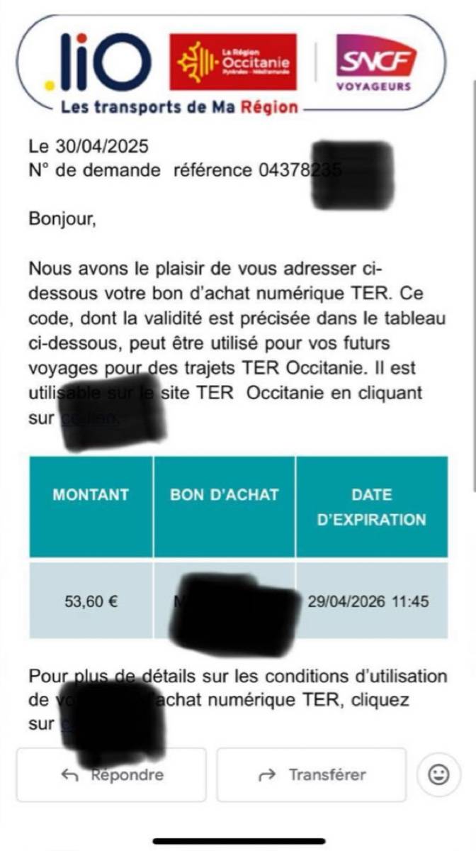 Vends bon achat Lio Occitanie Ter/Bus valable jusqu’au 29 avril