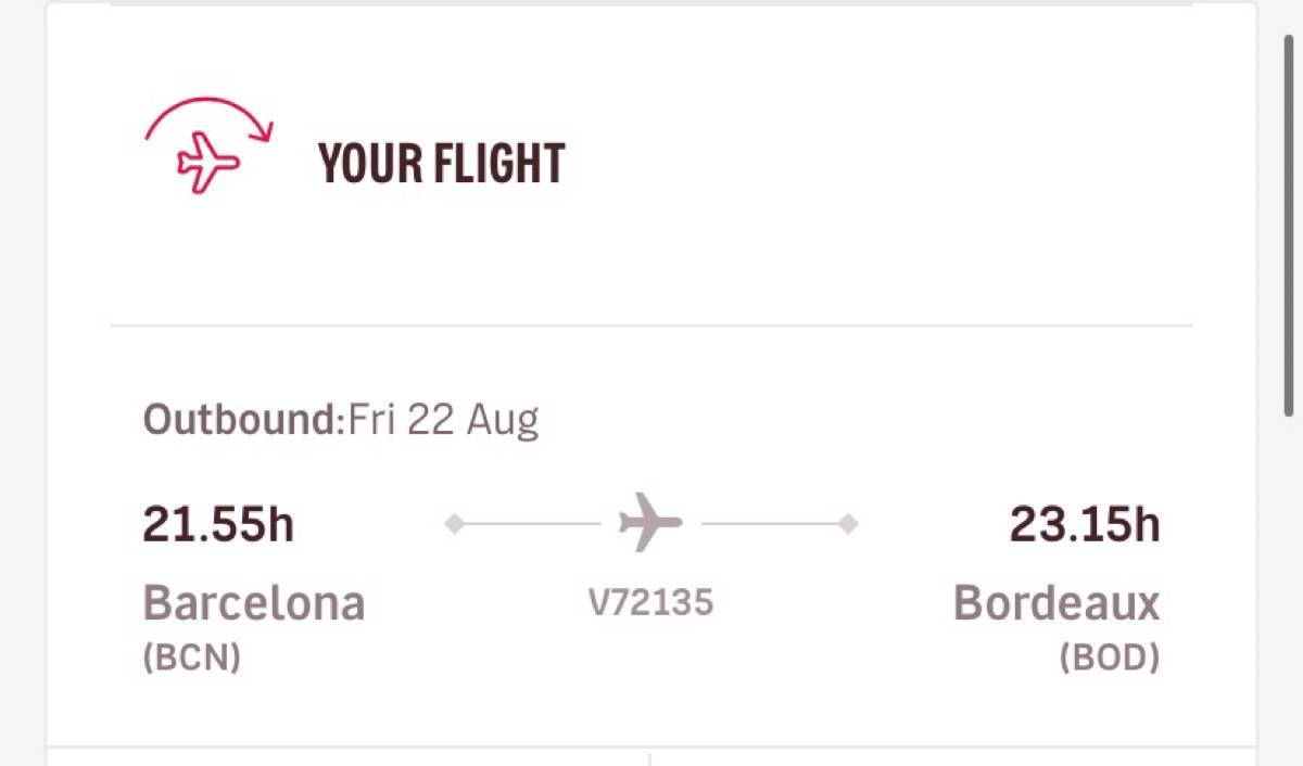 Vends billet d’avion Barcelone → Bordeaux le 22 août