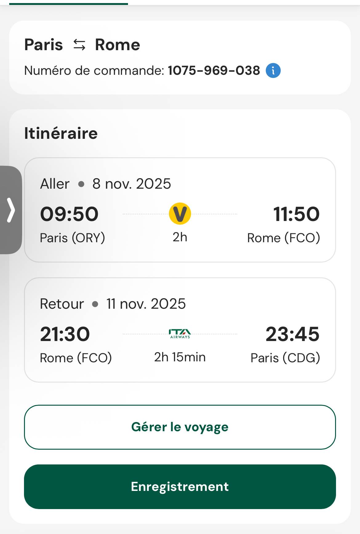 Vends billet d’avion Paris → Rome le 8 novembre