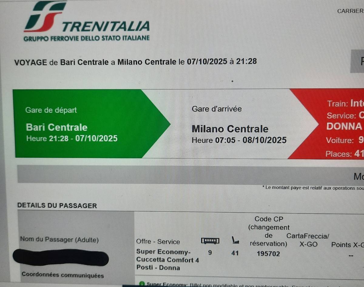 Vends billet de train nuit Bari → Milan le 7 octobre 2025