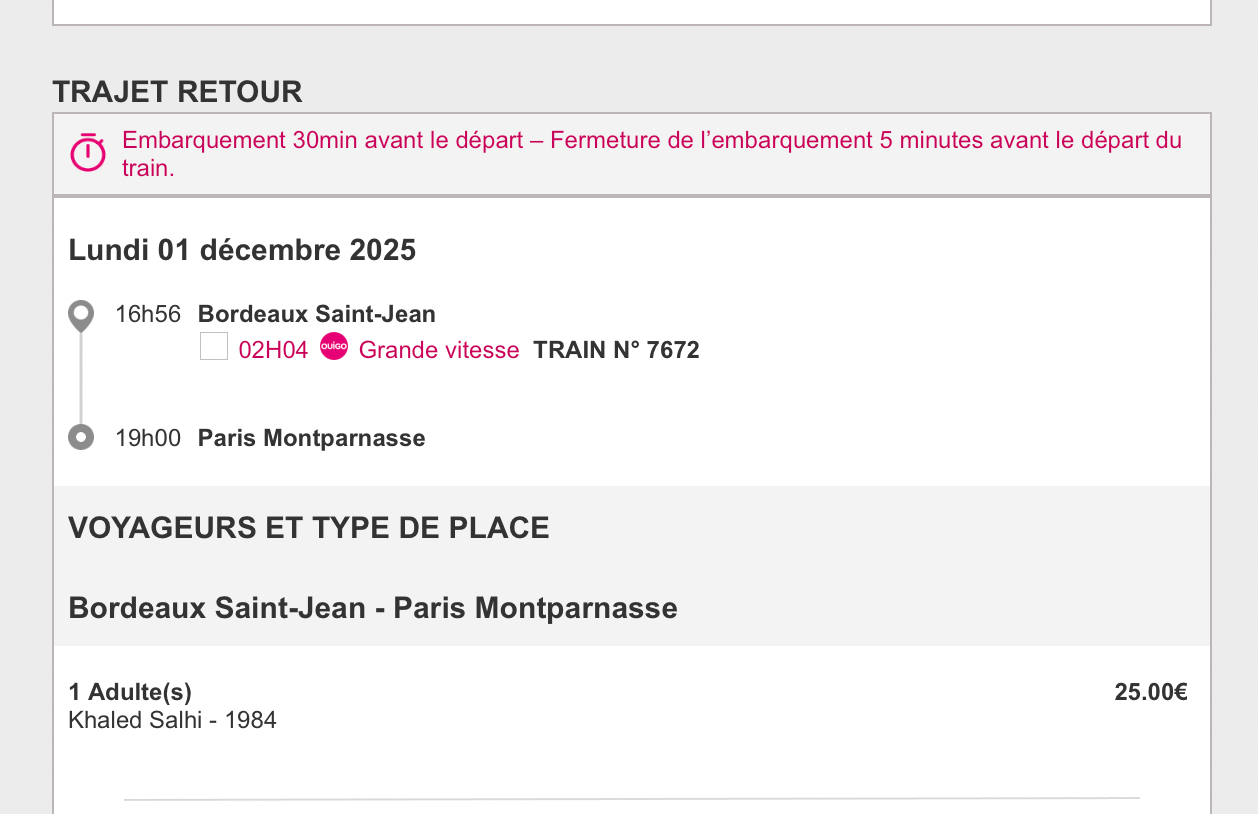 Vends billet de train Ouigo Bordeaux → Paris le 1er décembre