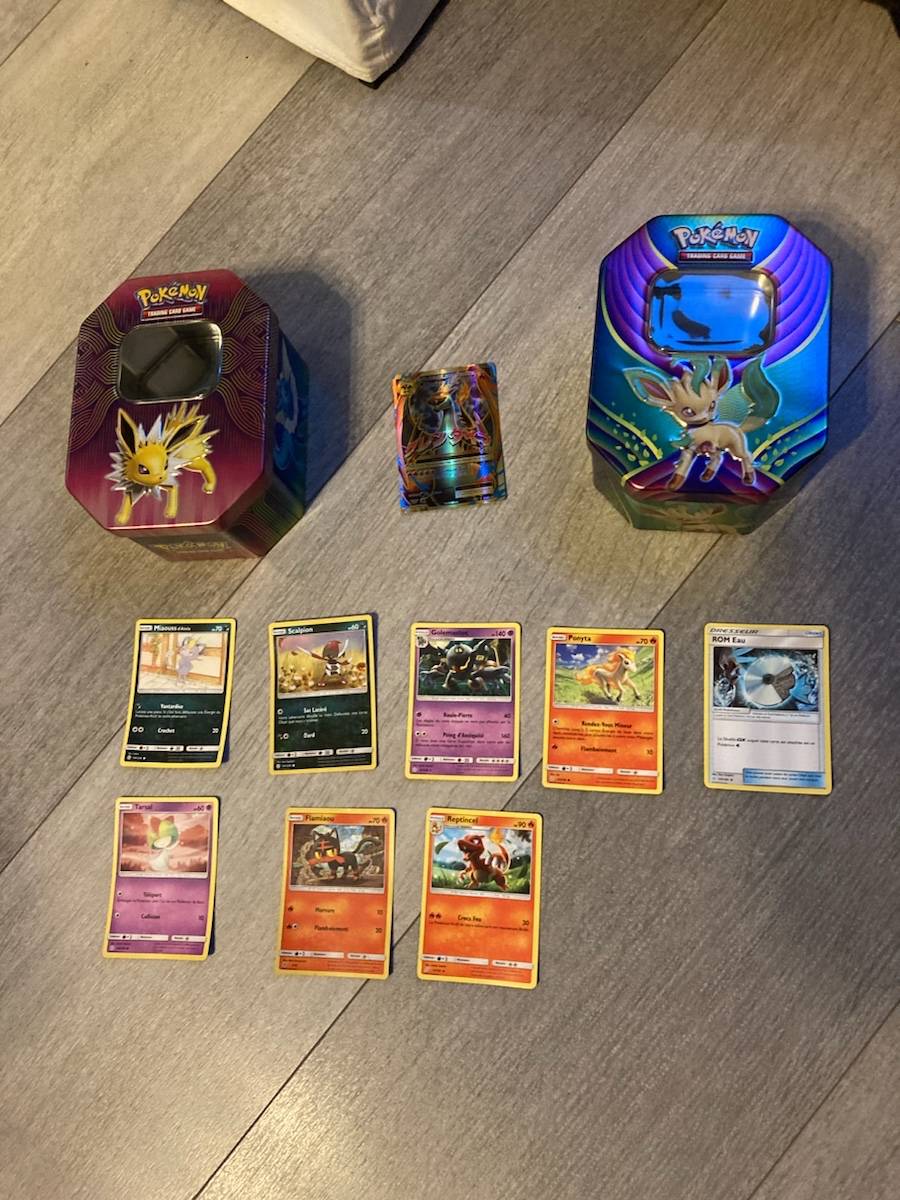 Vends lot de 9 cartes Pokémon + 2 boîtes de rangement