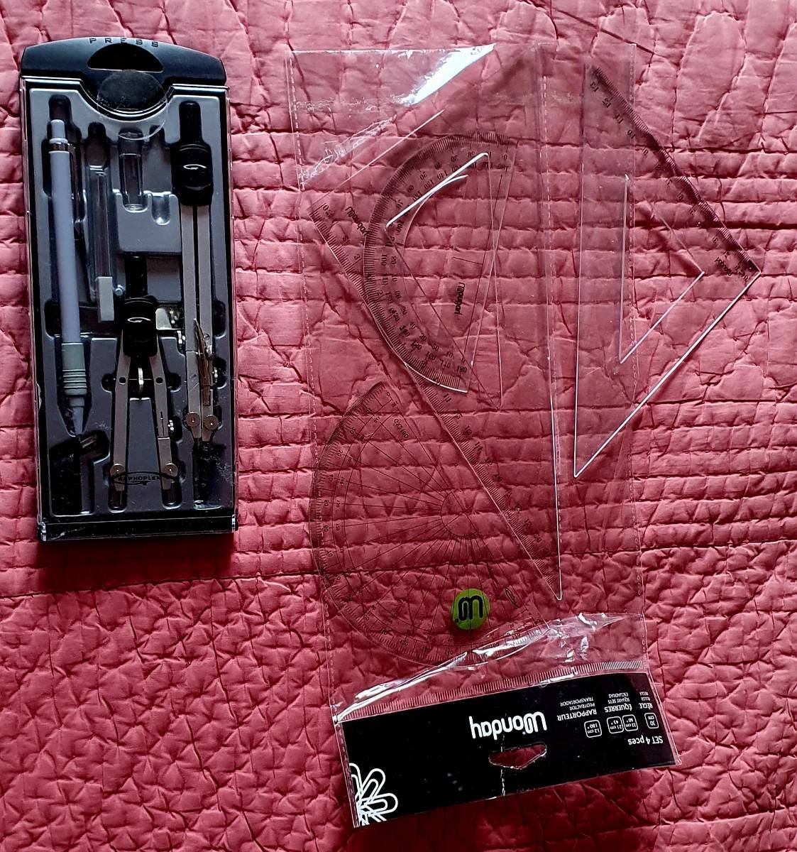 Vends coffret de 2 compas pour dessin technique, Raphoplex et équerres + rapporteurs, neuf
