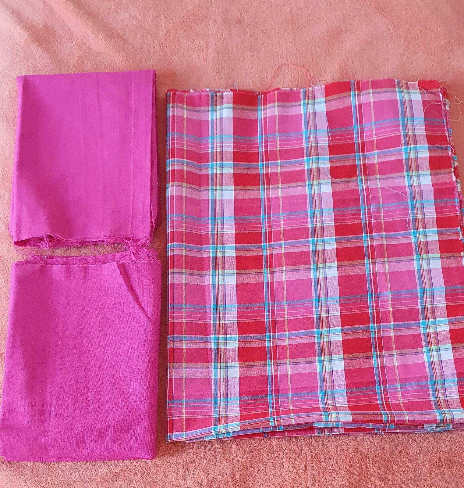 Vends 1 coupon véritable madras + 2 coupons, rose uni assorti, 100% coton, coloris rose/rouge/bleu/blanc, neuf