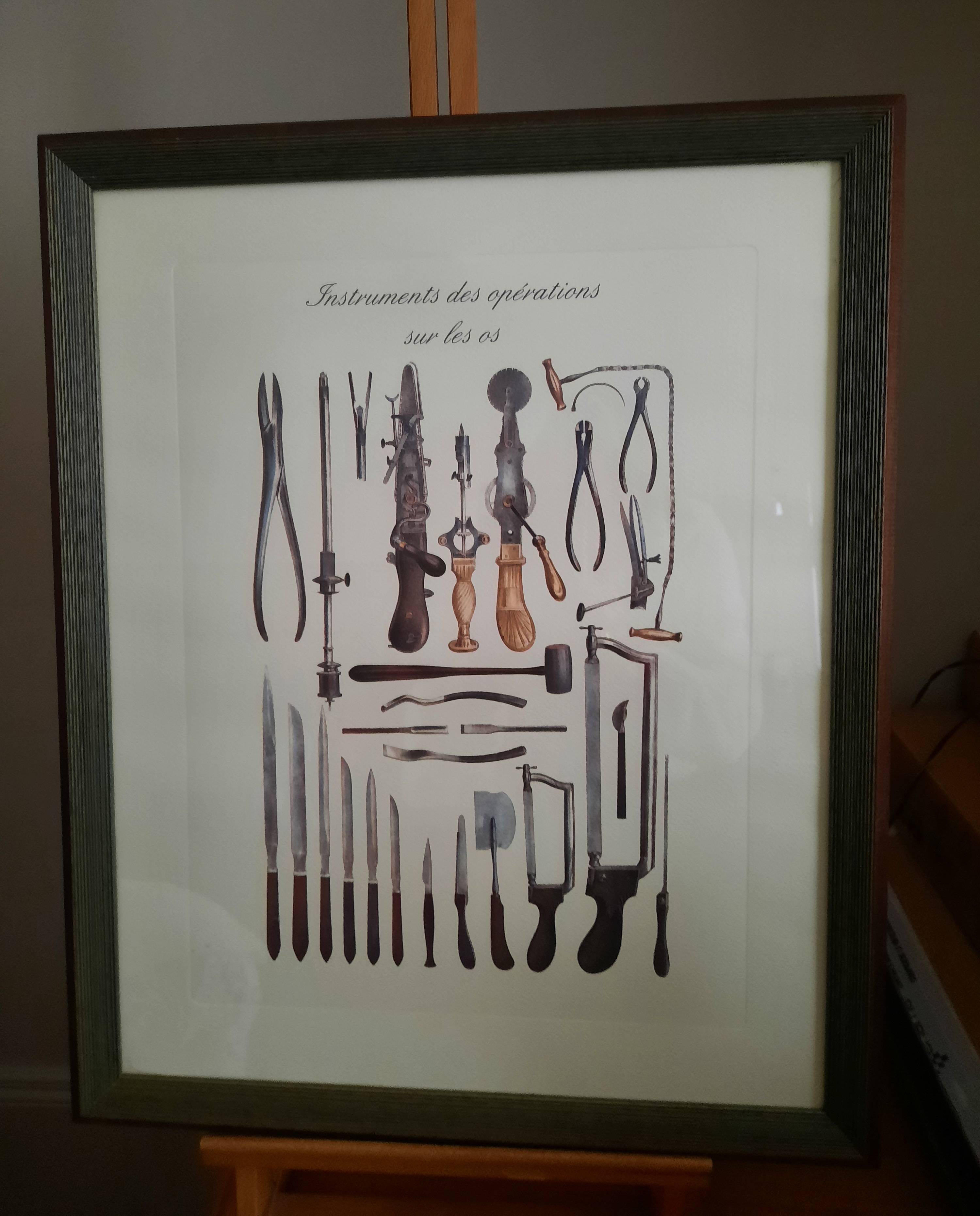 Vends encadrement gravure "Instruments de chirurgie des os"