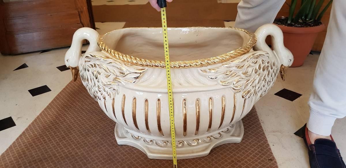 Vends grand cache-pot cygne en faience
