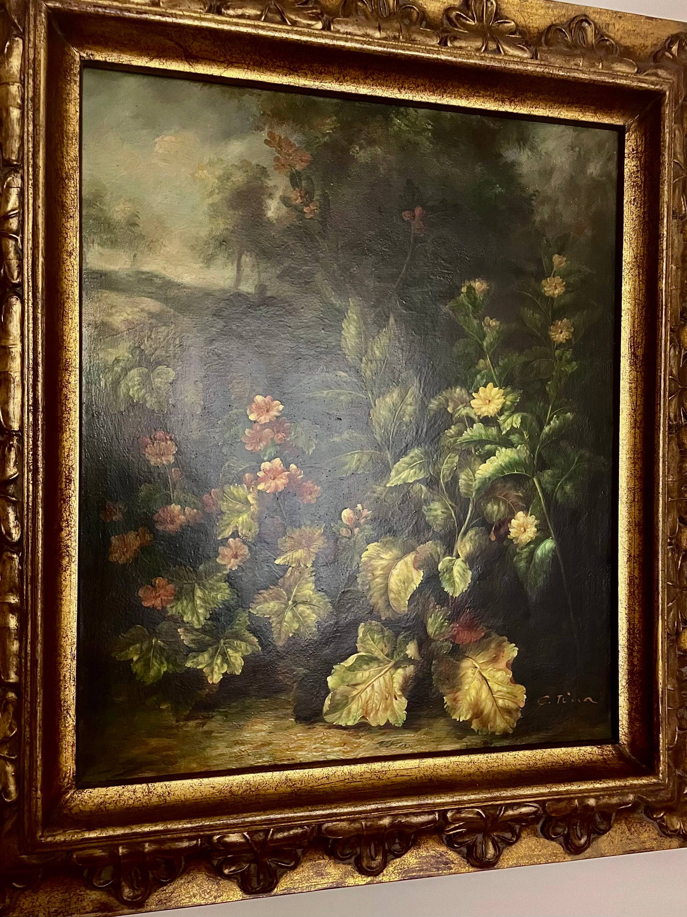 Vends tableau à l’huile de charme : coin de jardin