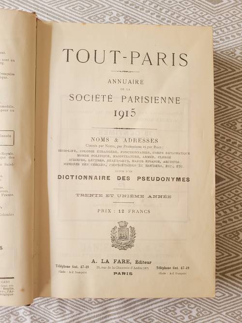 Vends livre "Tout Paris 1915 "