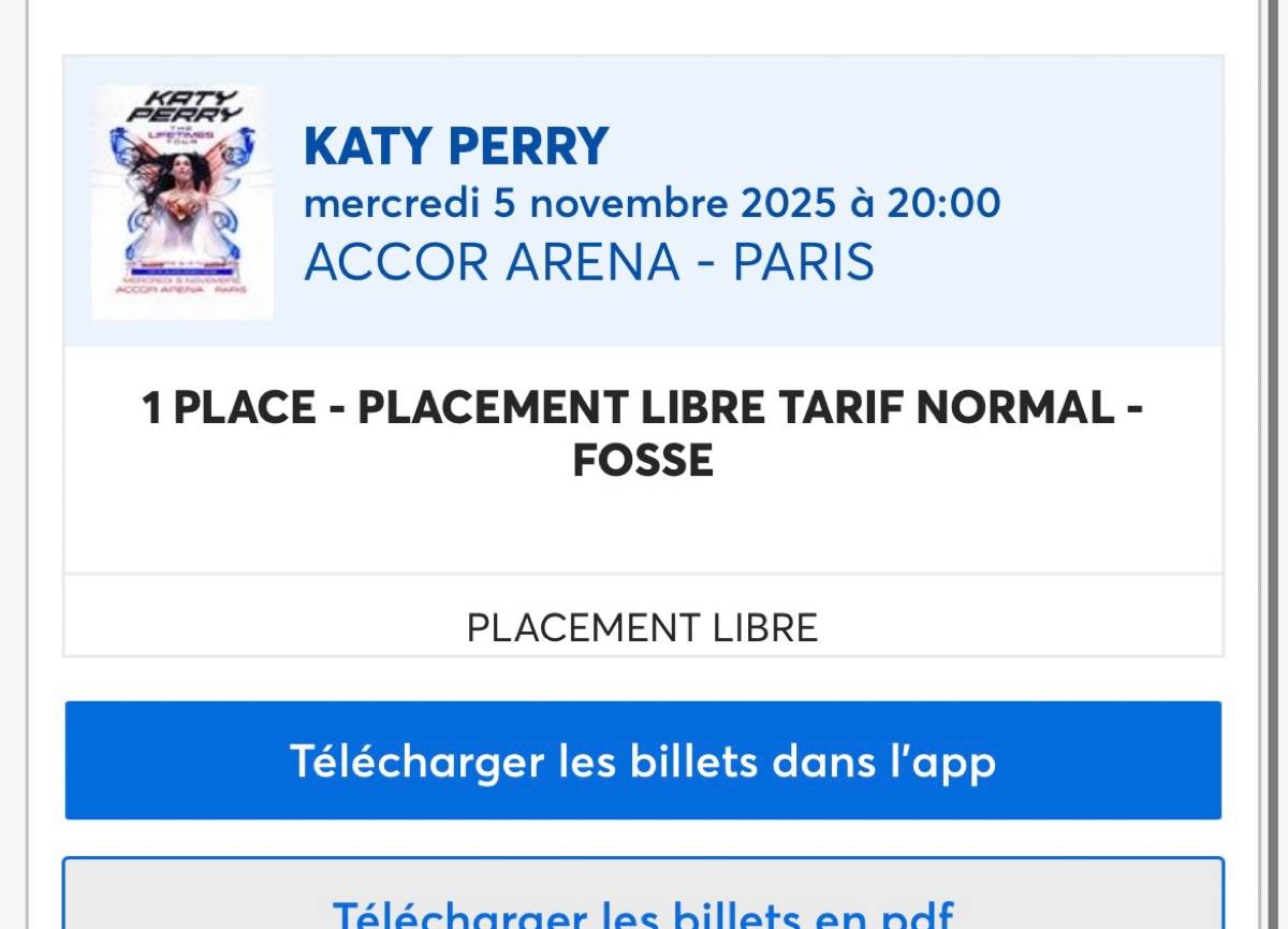 Vends place pour le concert de Katy Perry le 5 novembre